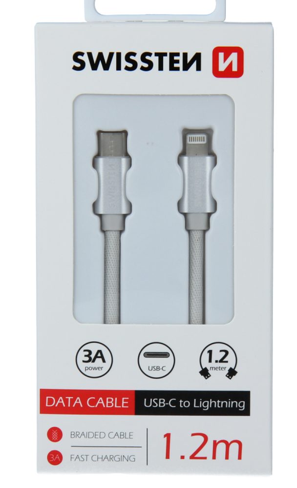Swissten Adatkábel, Textil, USB-C / Lightning, 1.2m, Ezüst