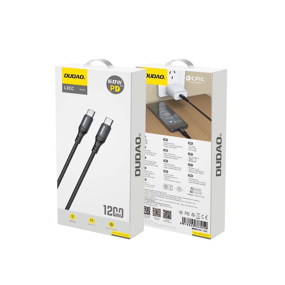 Dudao L3CC kábel USB-C - USB-C, 60W, 1,2m, čierny