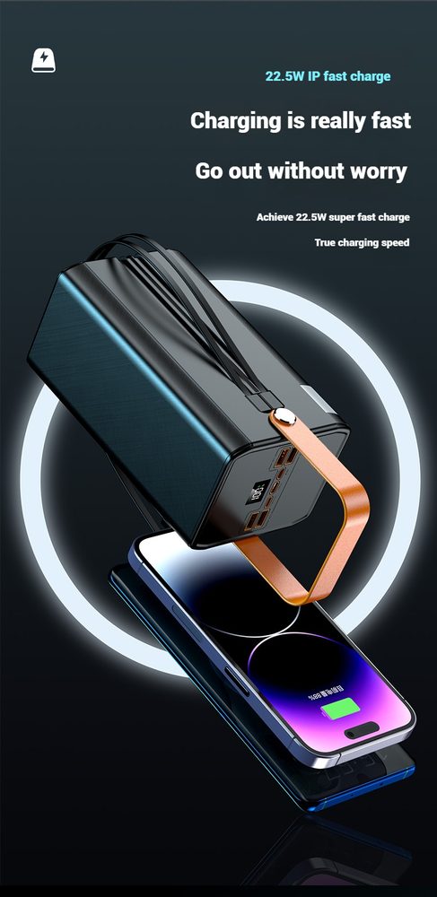 Powerbanka 120 000 mAh, 22,5W PD, 4 USB + 2 káble, LED svetlá, biela