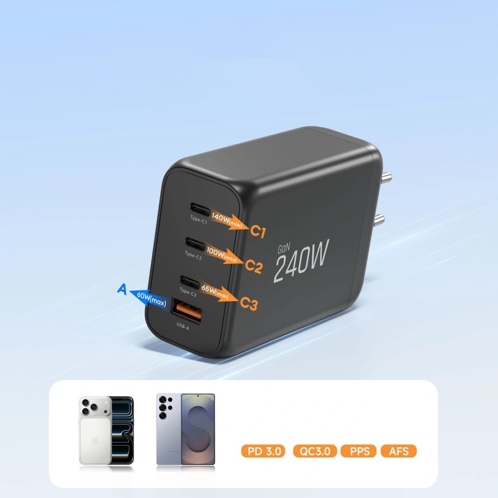 Tech-Protect 4portová nabíjačka, PD 240W / QC3.0, čierna