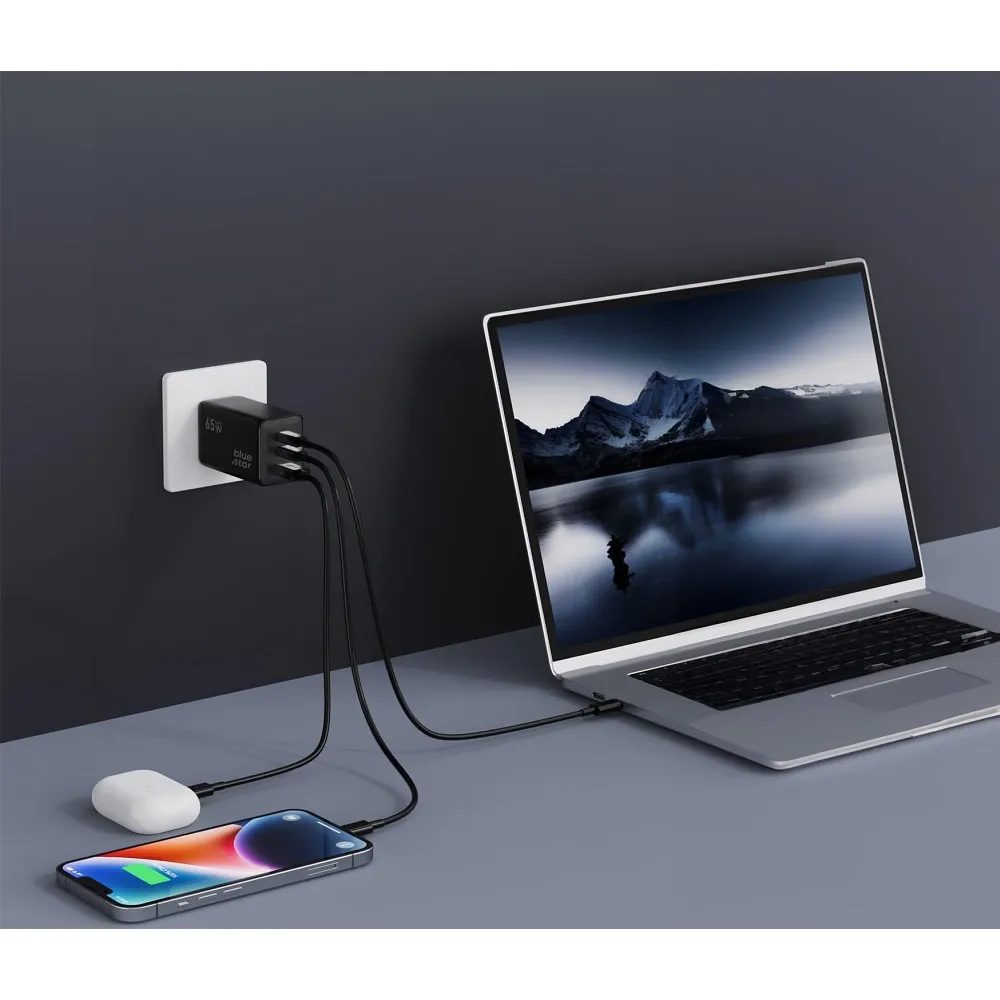 BlueStar adaptér 2x USB-C, USB-A, 65W, čierny