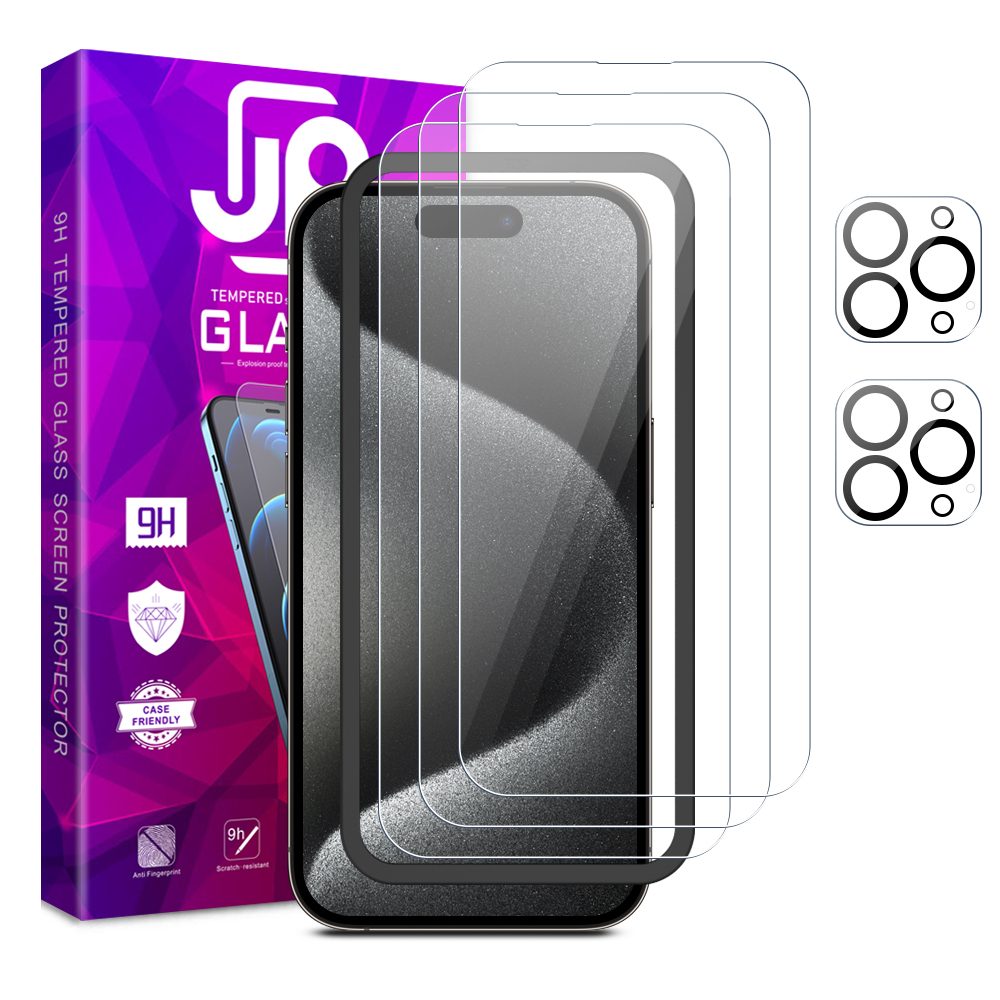 JP Mega Pack Sticlă Temperată, 3 Sticle Pentru Telefon Cu Aplicator + 2 Sticle Pentru Obiectiv, IPhone 15 Pro