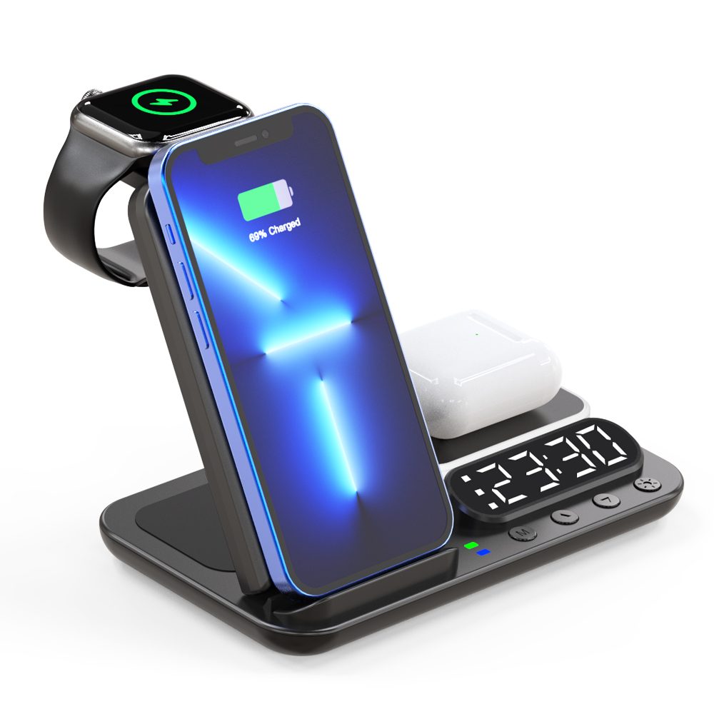 FoldCharge Clock 5 Pro Stație de încărcare wireless pliabilă 5în1 cu ceas și lampă de noapte, neagră