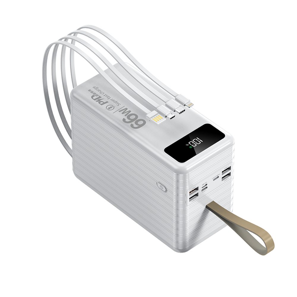 Powerbank 120 000 mAh, PD66W, 2,1A, 4 beépített kábel + LED fény, fehér