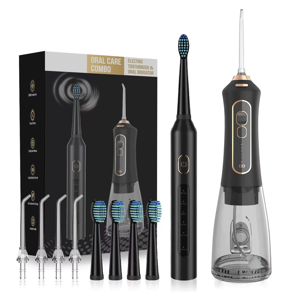 Set sonične električne četkice i bežične vodene tuš-pumpe 2u1 (IPX7, 5 režima, 300 ml), crna