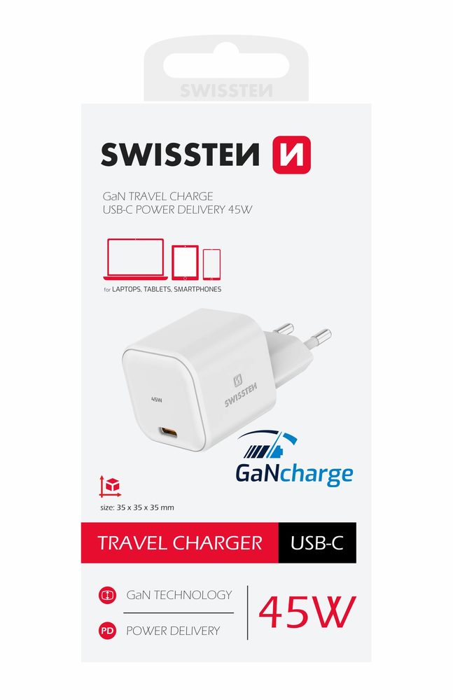 Swissten síťový adaptér GaN 1x USB-C 45W, Power Delivery, bílý