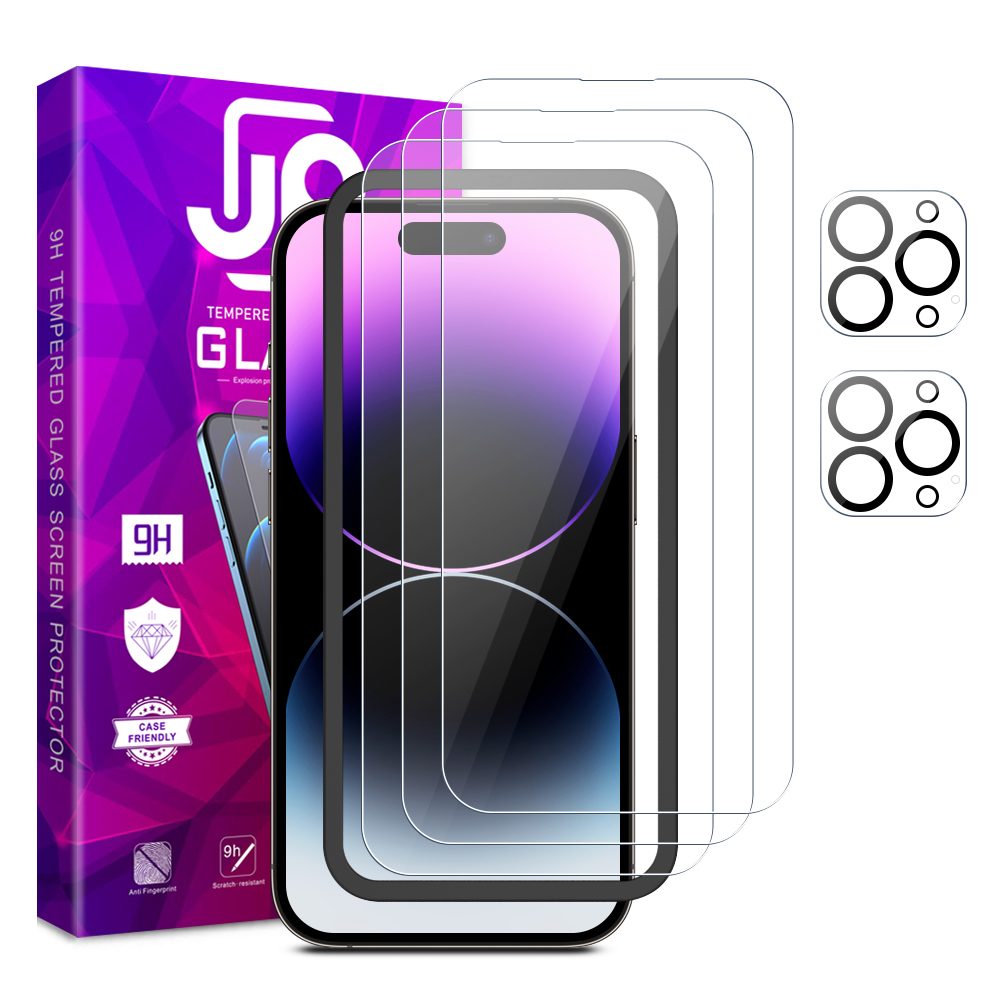 JP Mega Pack Tvrzených skel, 3 skla na telefon s aplikátorem + 2 skla na čočku, iPhone 14 Pro MAX