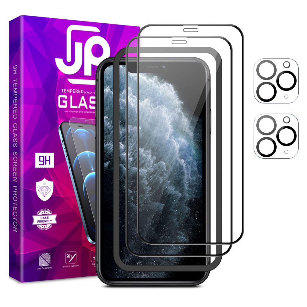 JP Full Pack Tvrzených skel, 2x 3D sklo s aplikátorem + 2x sklo na čočku, iPhone 11 Pro