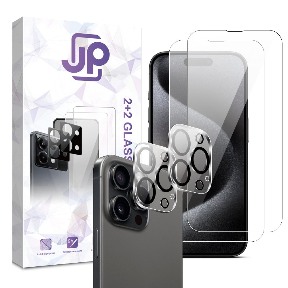 JP Combo Pack, Súprava 2 Tvrdených Skiel A 2 Sklíčok Pre šošovku, IPhone 15 Pro