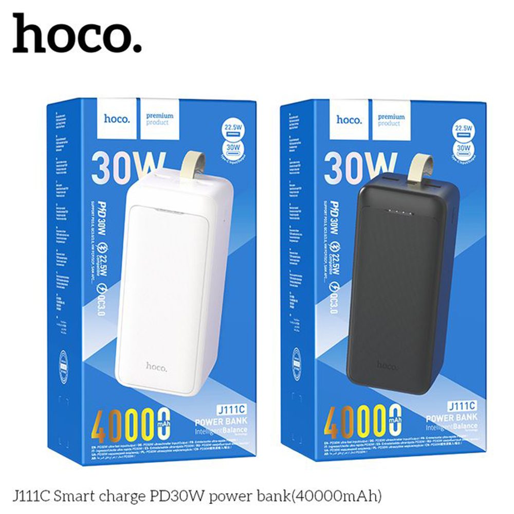 Hoco J111C PowerBank 40000mAh, 2x USB, USB-C, Micro-USB, PD30W, LED-del és Zsinórral, Fekete
