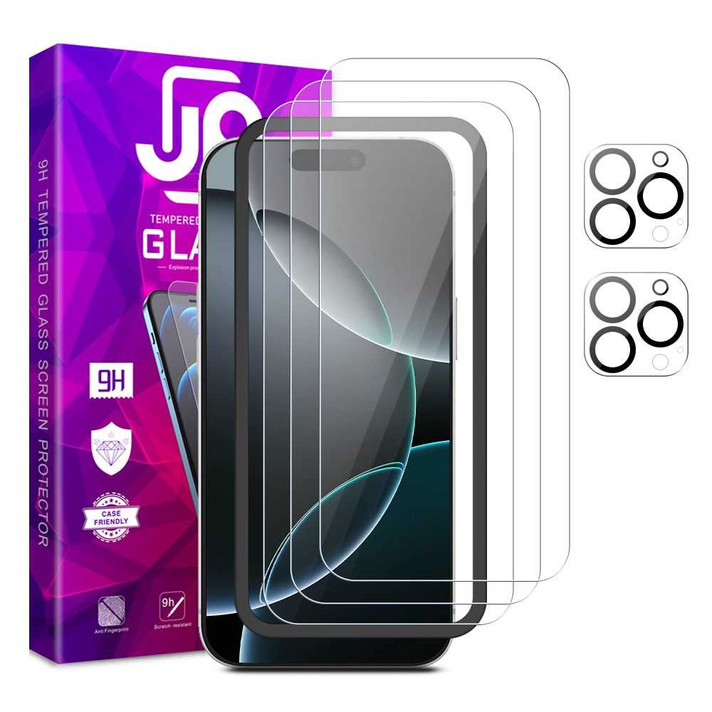 JP Mega Pack edzett szemüveg, 3 üveg telefononként applikátorral + 2 üveg lencsénként, iPhone 16 Pro