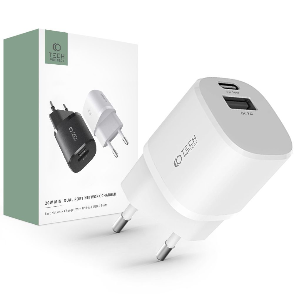 Tech-Protect C20W Mini Adapter, 2 Priključka, PD20W / QC3.0, Bijeli