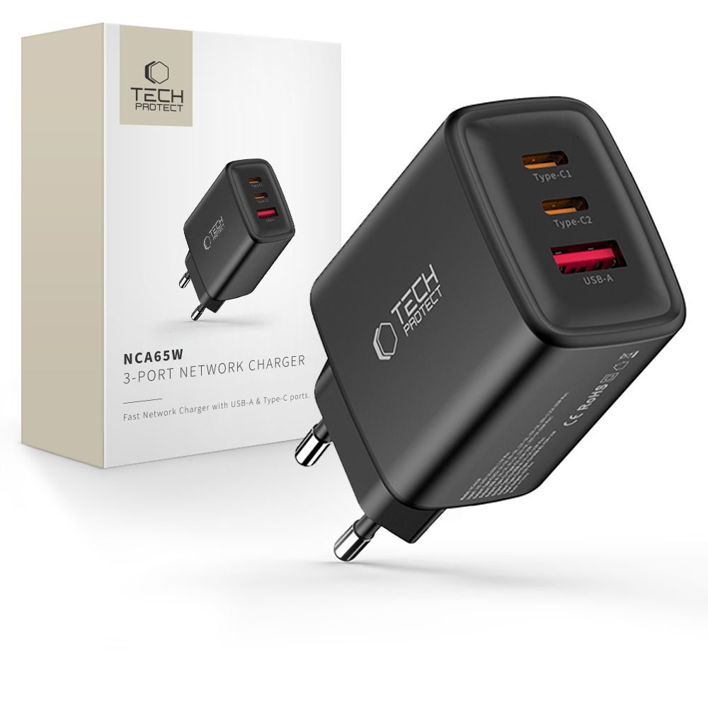 Levně Tech-Protect NCA65W-GAN 3-portová nabíječka PD 65W / QC3.0, černá