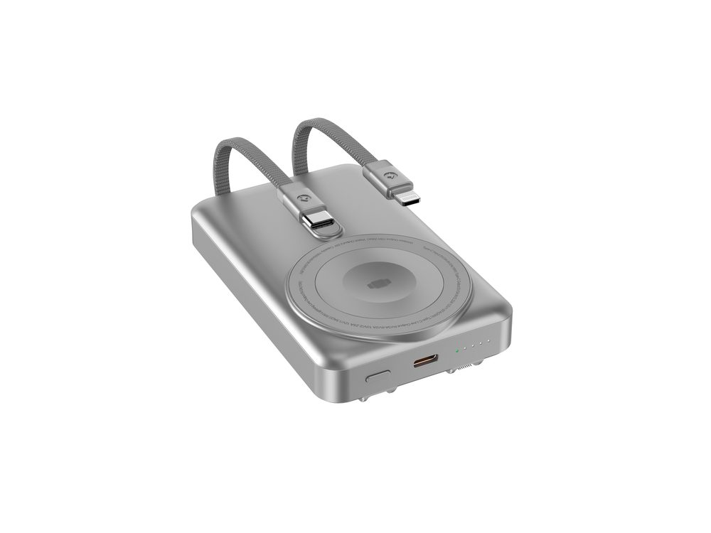 MagSafe powerbanka s nabíjaním Apple Watch, so stojanom a integrovanými káblami USB-C a Lightning, 10000 mAh, čierna
