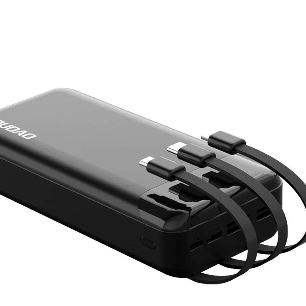 Dudao K6Pro+ Powerbank 3 Beépített Kábellel, 20000mAh, USB-C + Micro USB + Lightning, Fekete