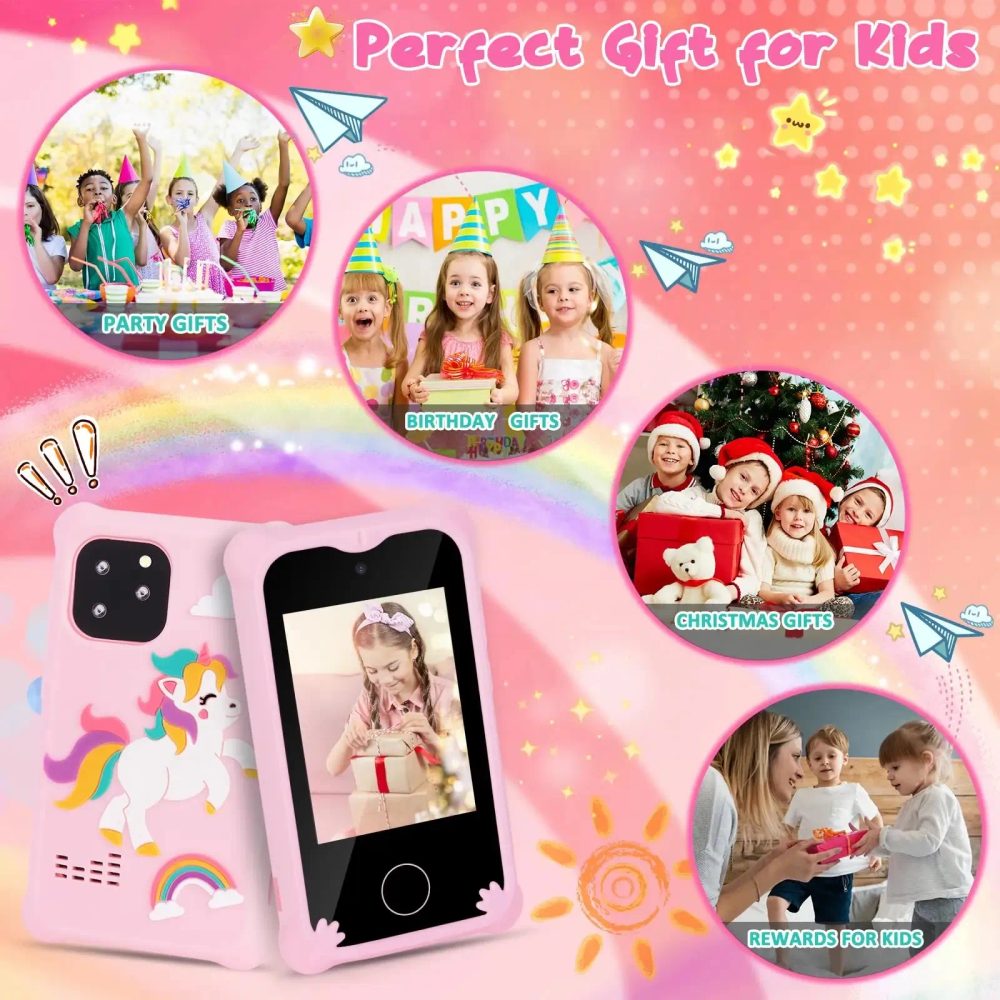 Gyermek Okostelefon Játékokkal, MP3, Dupla Kamerával és érintőképernyővel, Rózsaszínű
