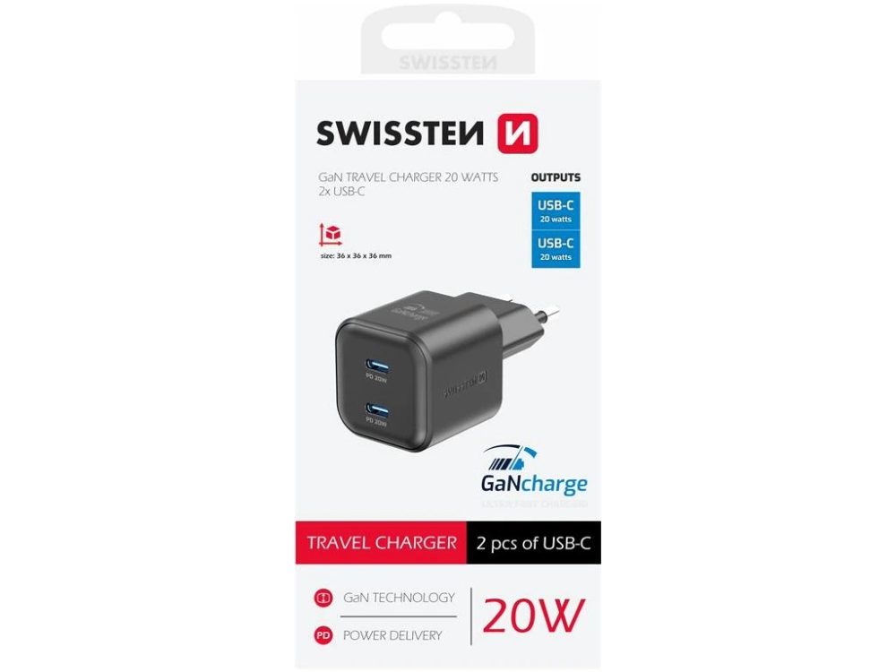 Swissten Sieťový adaptér GaN 2x USB-C Power Delivery 20 W, čierny
