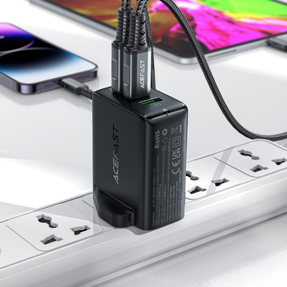 Acefast Töltő GaN 65W 3 Portos (1x USB, 2x USB-C PD) Brit Csatlakozó, Fekete (A44)