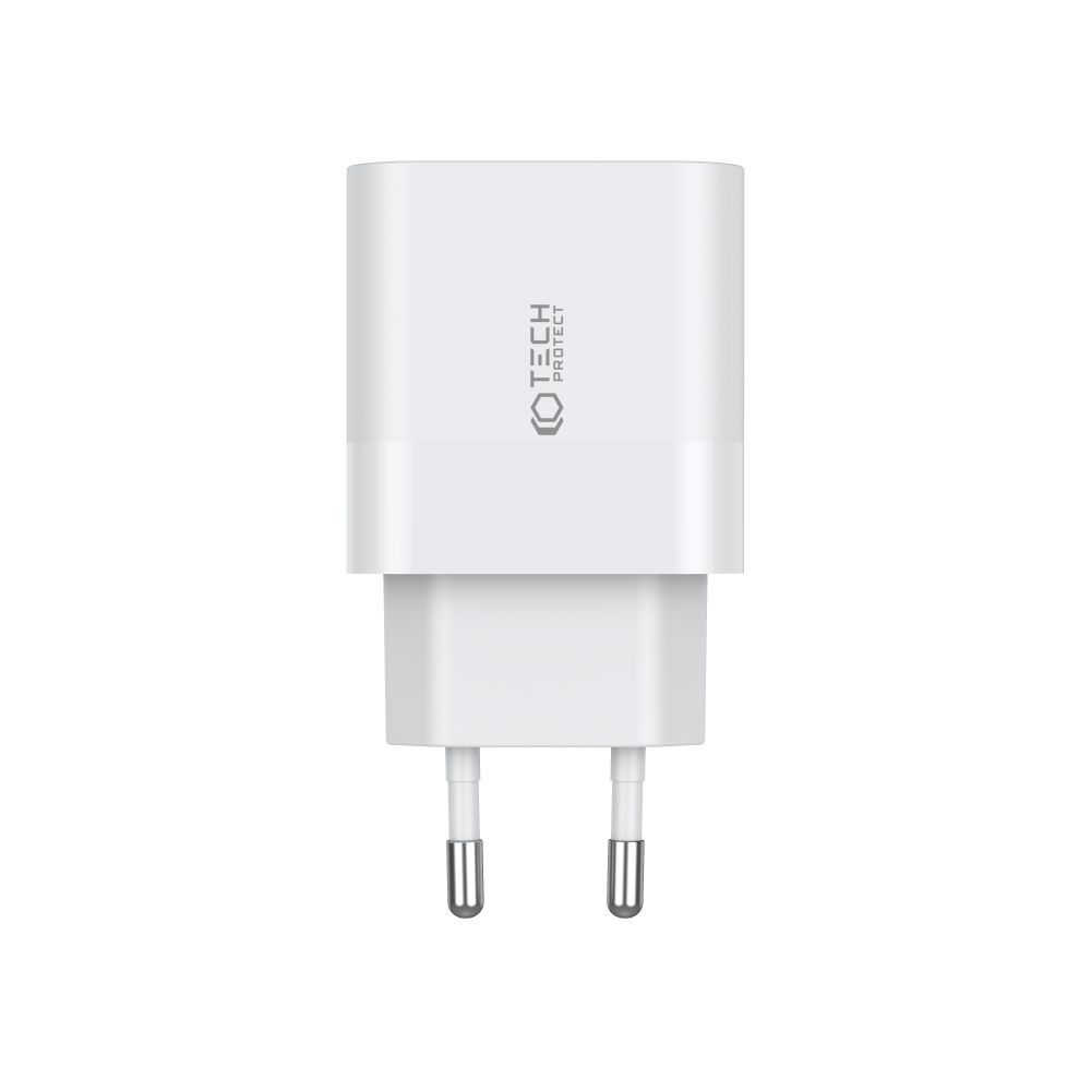 Tech-Protect C20W 2 Portos PD20W 2 Portos Hálózati Töltő + USB-C Kábel, Fehér