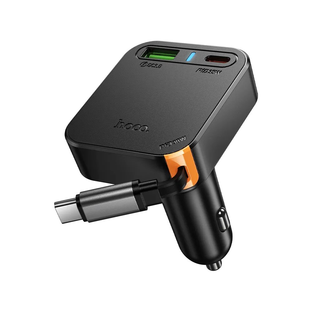 Levně Hoco autonabíječka se zatahovacím kabelem 2x USB-C + USB-A, QC, PD, 65W, černá