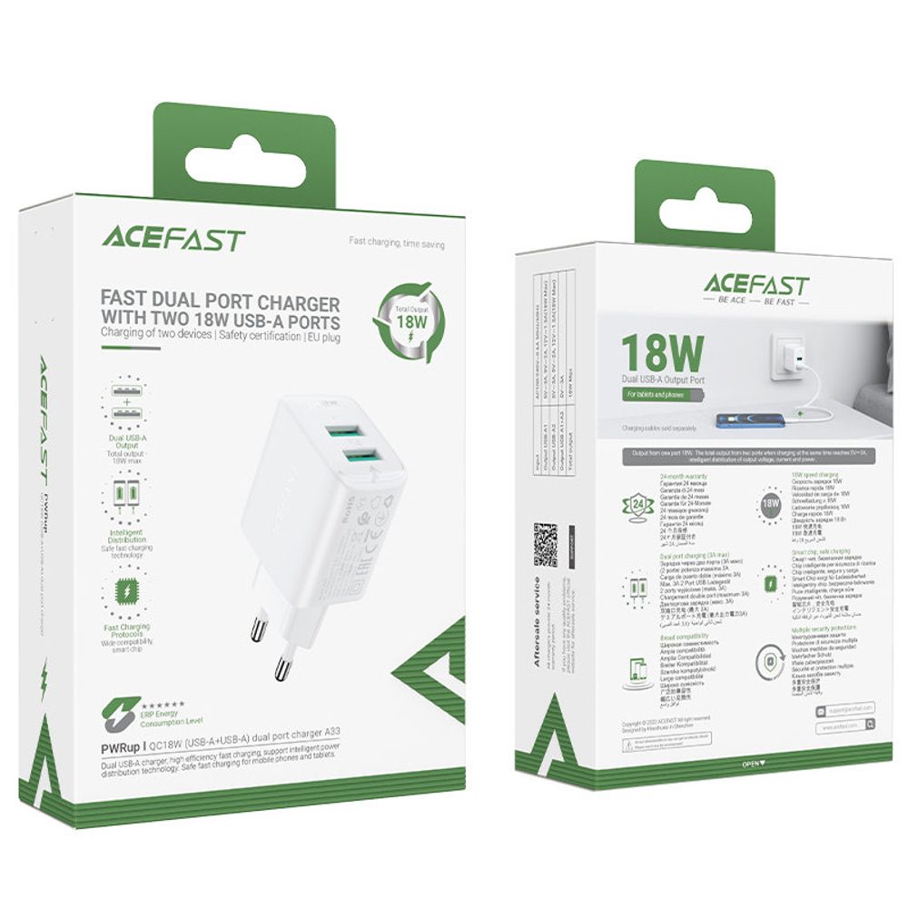 Acefast Töltő 2x USB 18W QC 3.0, AFC, FCP, Fehér (A33 Fehér)