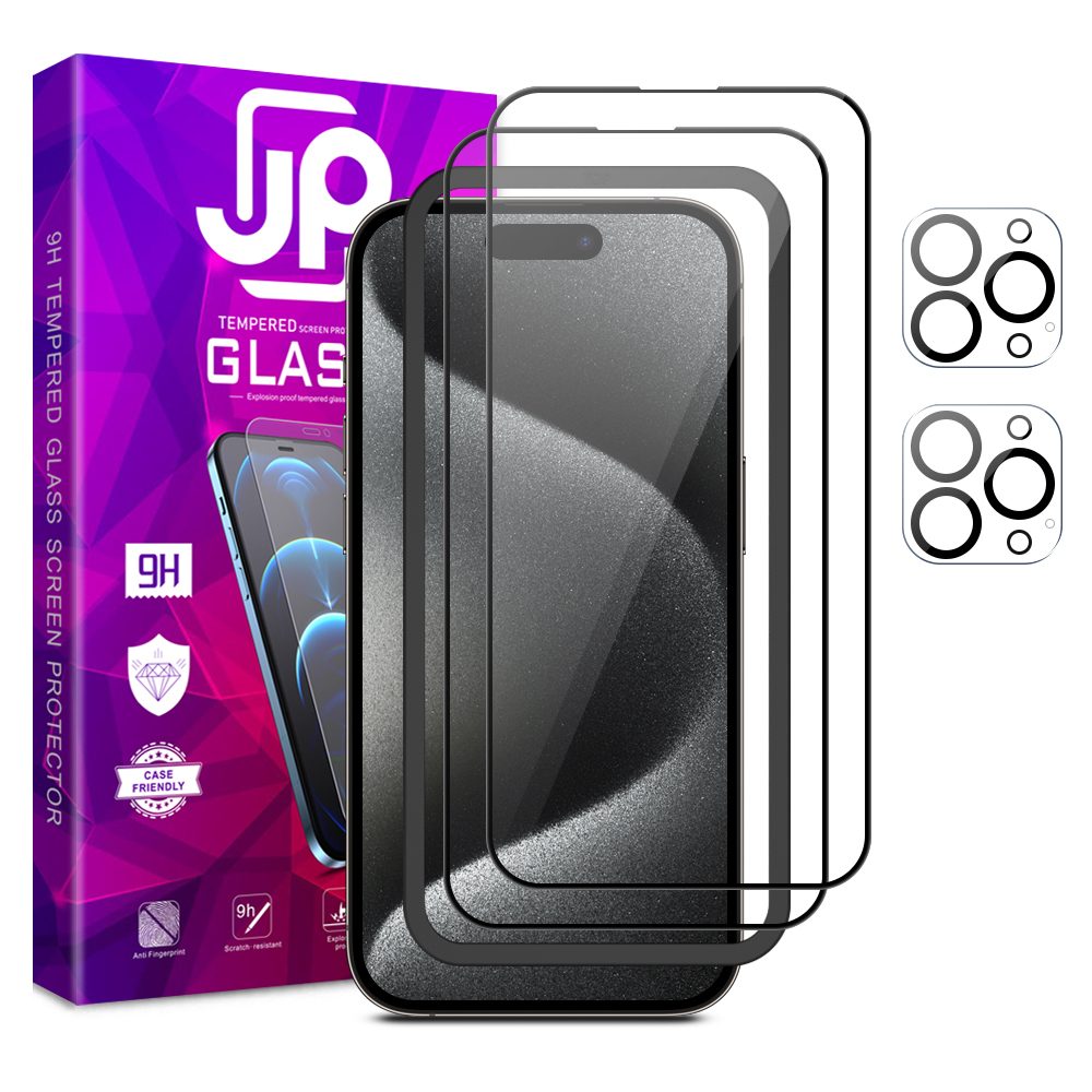 Levně JP Full Pack Tvrzených skel, 2x 3D sklo s aplikátorem + 2x sklo na čočku, iPhone 15 Pro