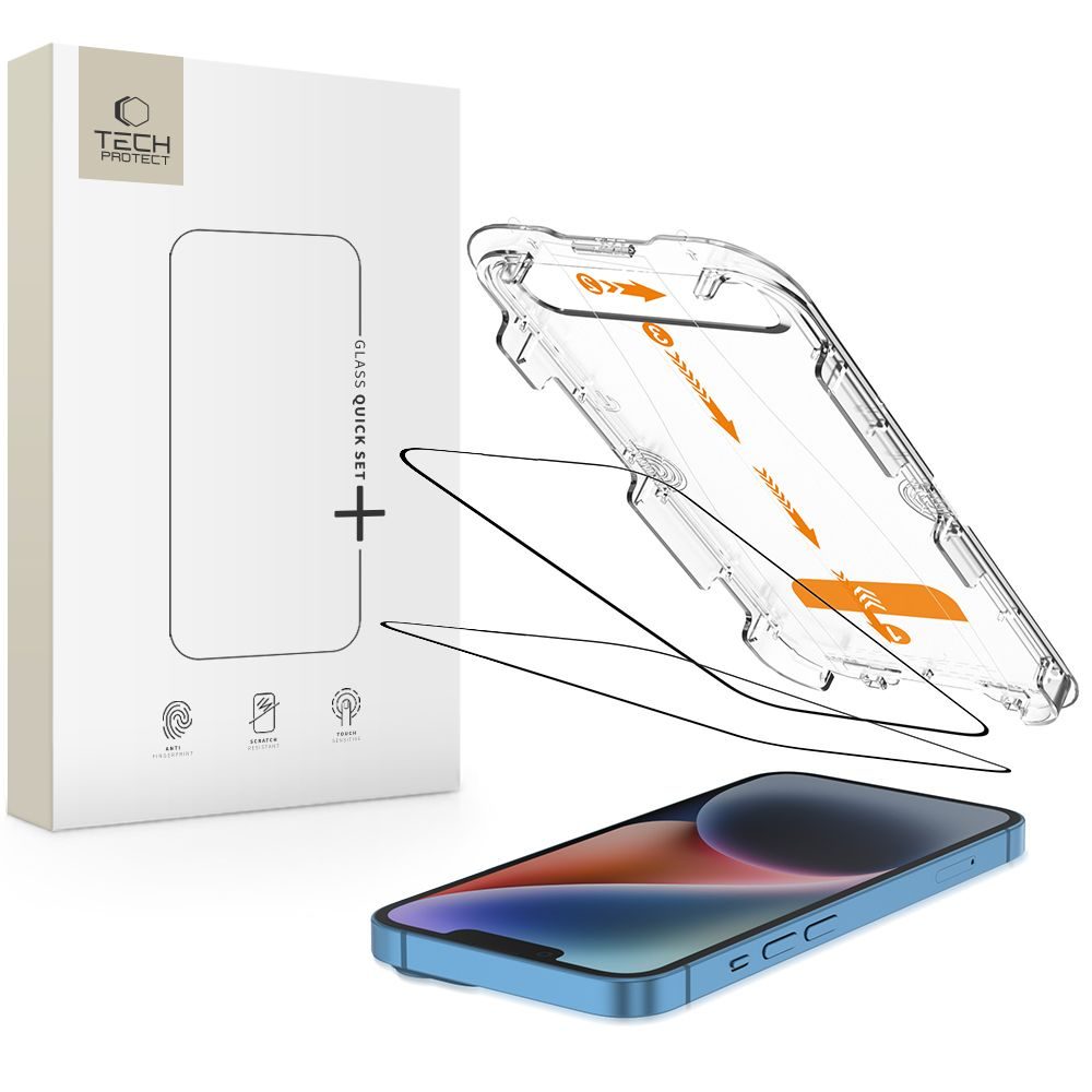 Levně Tech-Protect Tvrzené sklo Quick Set+, iPhone 13 / 13 Pro / 14 / 16e / 17e, černé, 2 kusy