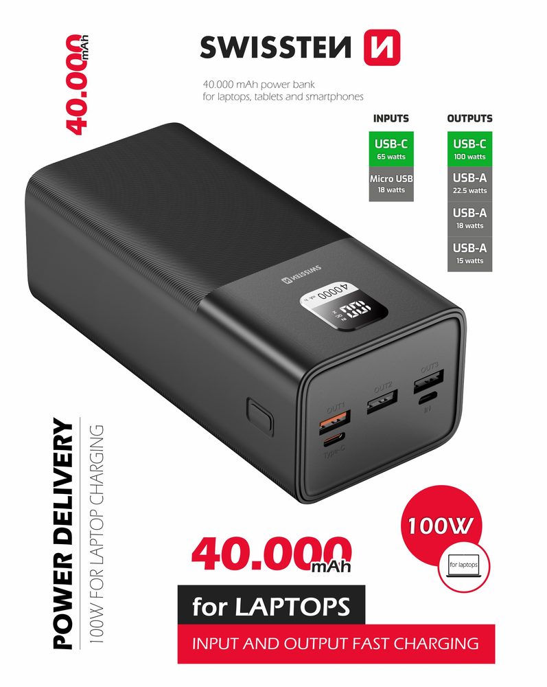 Swissten Power Line PowerBank, 40 000 MAh, 100 W, Power Delivery, črna