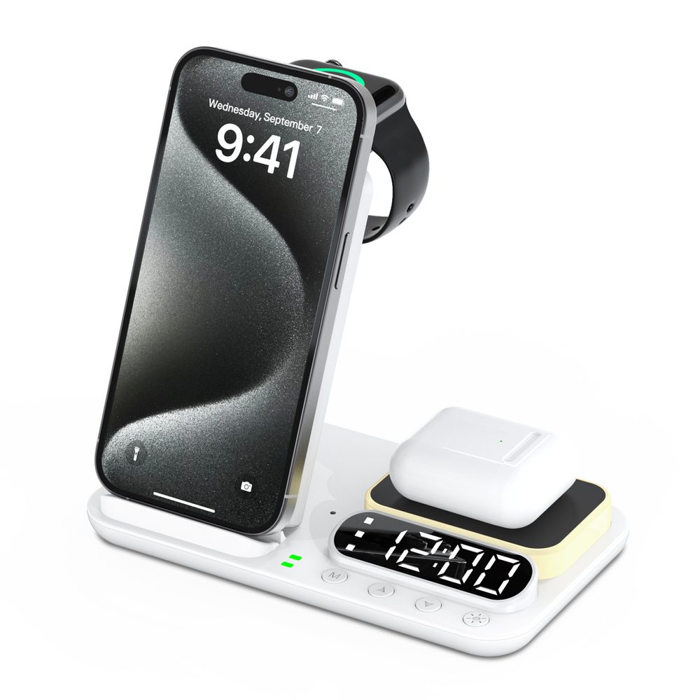 Levně FoldCharge Clock 5 Pro Skládací 5v1 bezdrátová nabíjecí stanice s hodinami a nočním světlem, bílá