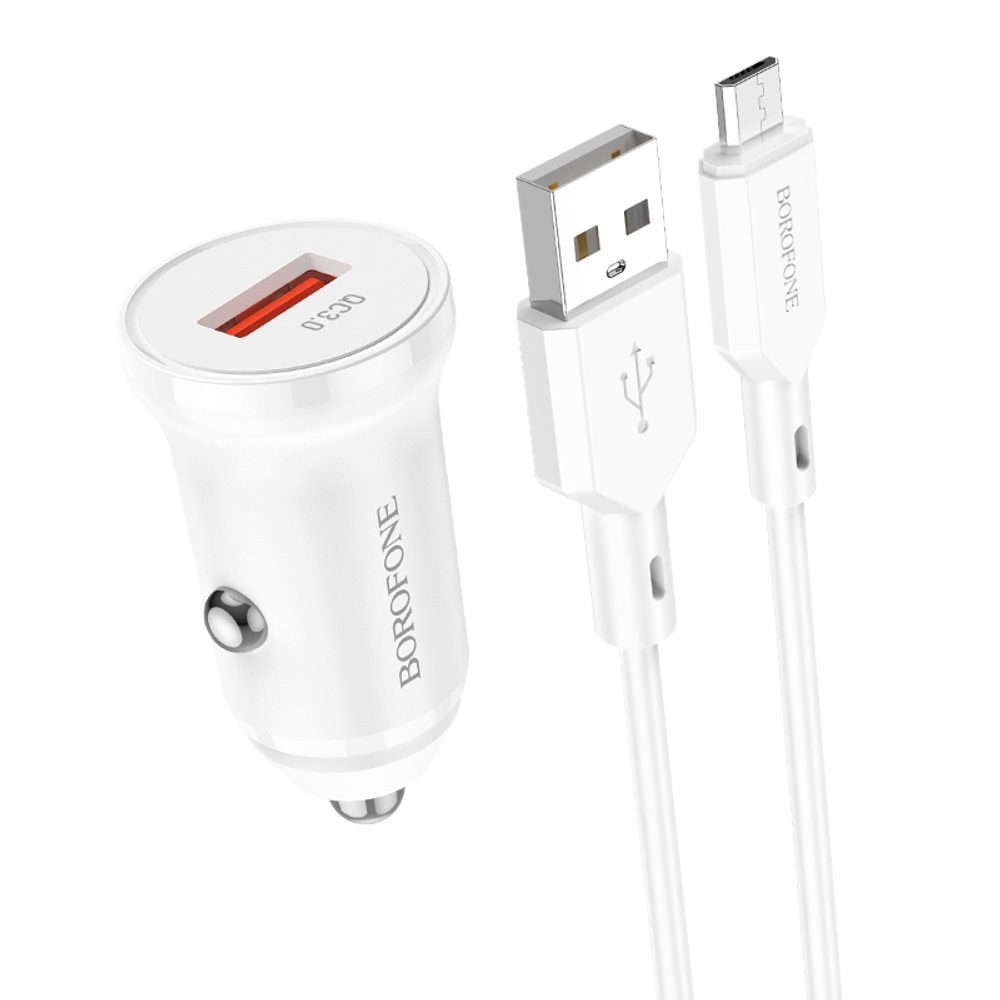 Borofone BZ18 încărcător Auto - USB - QC 3.0 18W Cu Cablu Micro USB, Alb