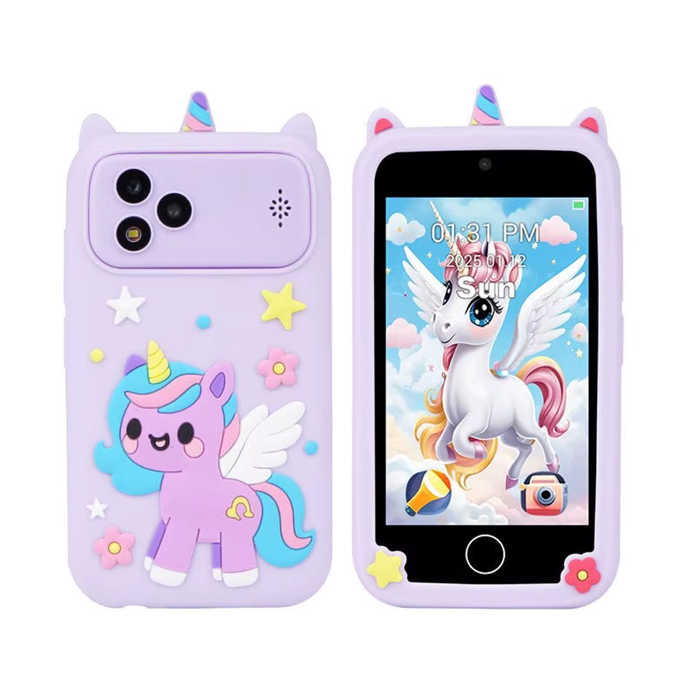 Telefon mobil inteligent modern pentru copii cu jocuri, cameră foto duală și ecran tactil, unicorn violet