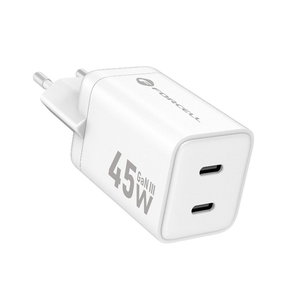 Forcell F-Energy adapter Mini GaN III, 2x USB-C, PD, QC4.0, 45W, fehér