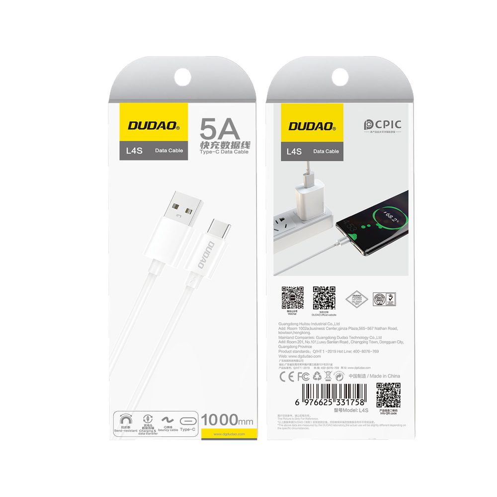 Dudao L4ST kábel USB-A - USB-C, 2A, 1 m, biely