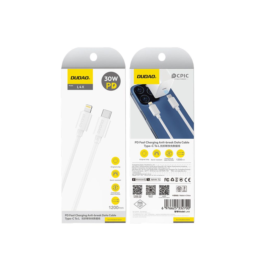 Dudao L4X kábel USB-C - Lightning, 30W, 1,2 m, biely