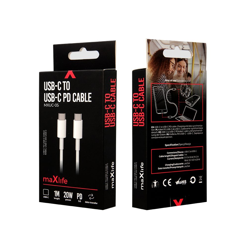 Maxlife Kábel MXUC-05 USB-C - UCB-C 1,0 M 20W, Fehér