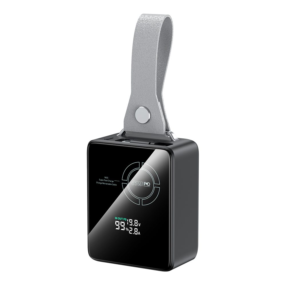 Powerbanka pro notebooky 65W PD s výsuvným USB-C kabelem a digitálním displejem, 20000 mAh, černá