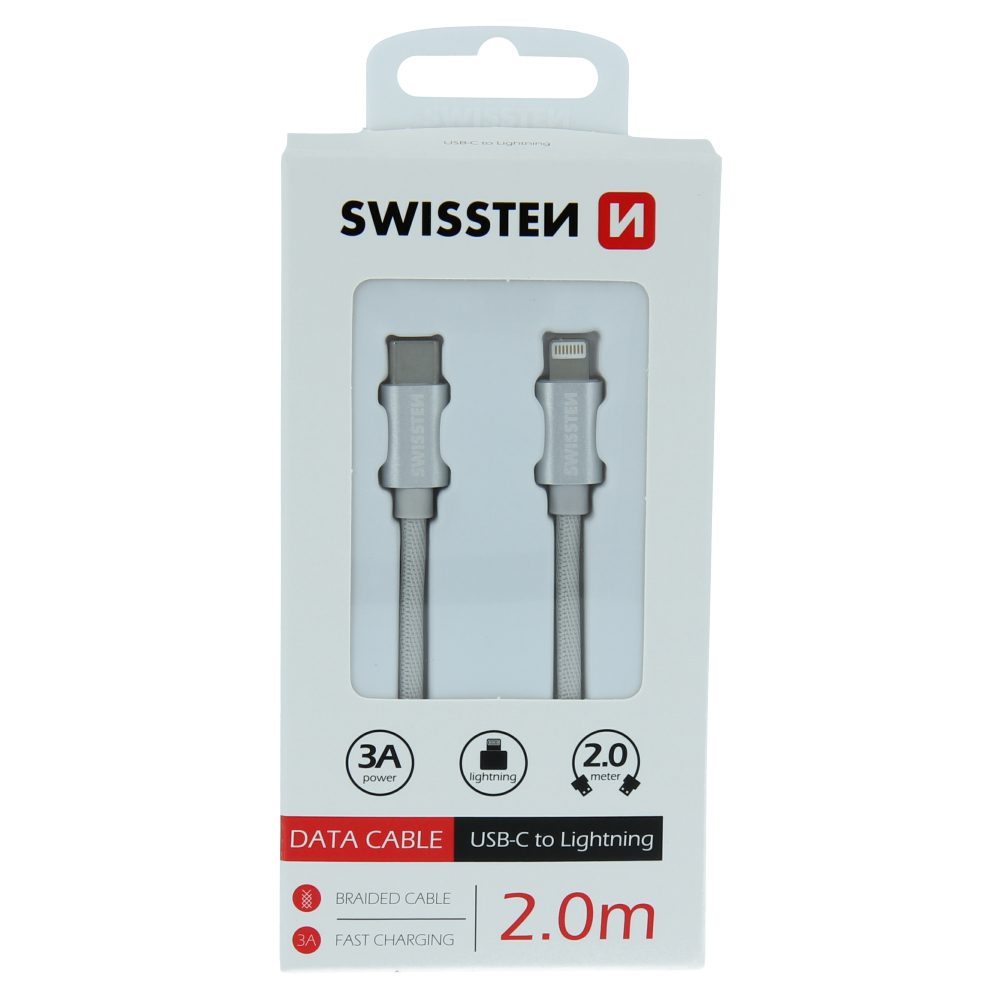 Cablu De Date Textil Swissten, USB-C / Lightning, 2m Argintiu