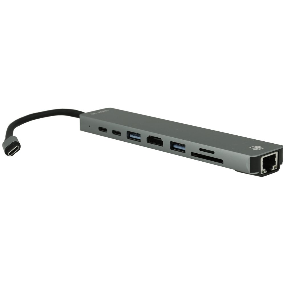 JP Hub 8v1, USB-C na HDMI / TF/Micro SD / 2x USB 3.0 / 2x USB-C PD / LAN, sivý