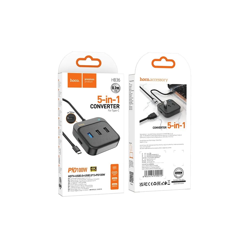 Hoco Adapter HUB 5u1 USB-C Na HDTV + USB3.0 + 2x USB2.0 + USB-C PD100W Multiport, 0,2 M, Crni (HB36)