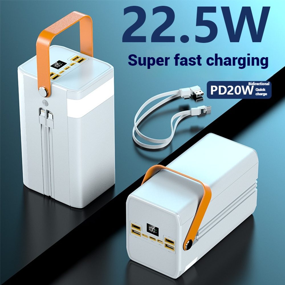 Powerbanka 120 000 mAh, 22,5W PD, 4 USB + 2 káble, LED svetlá, biela