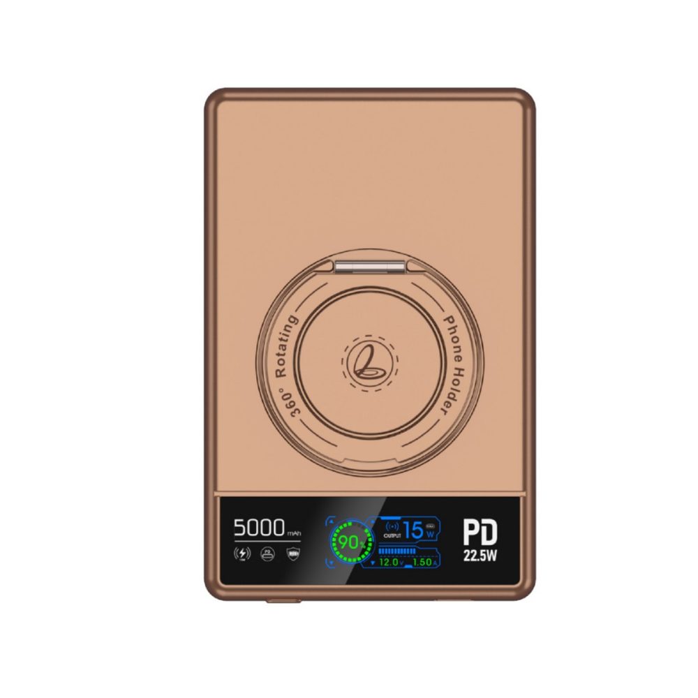Levně UltraThin MagSafe 15W Bezdrátová powerbanka 5000 mAh s nabíjením Apple Watch a 360° otočným stojánkem, zlatá