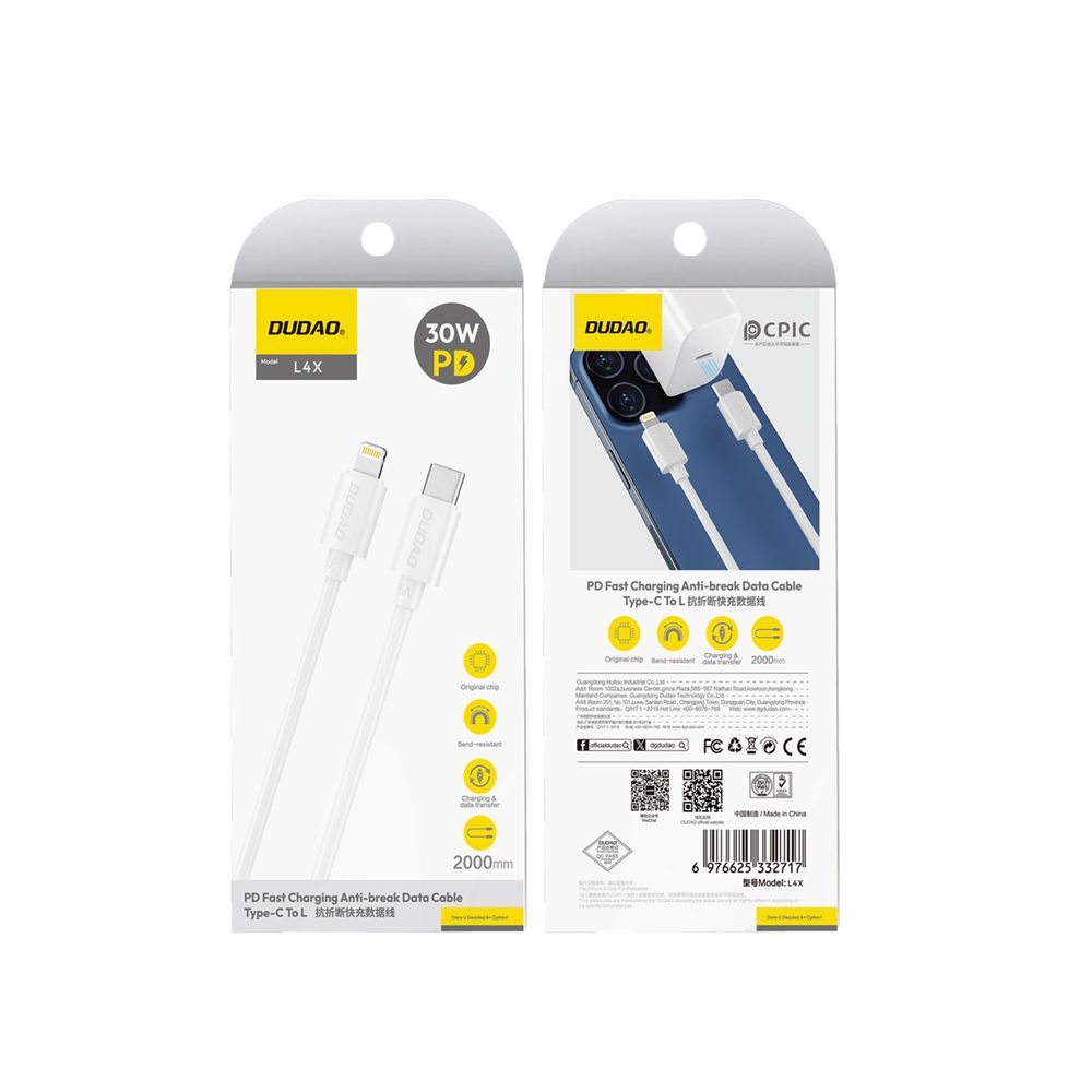 Dudao L4X kábel USB-C - Lightning, 30W, 2 m, biely