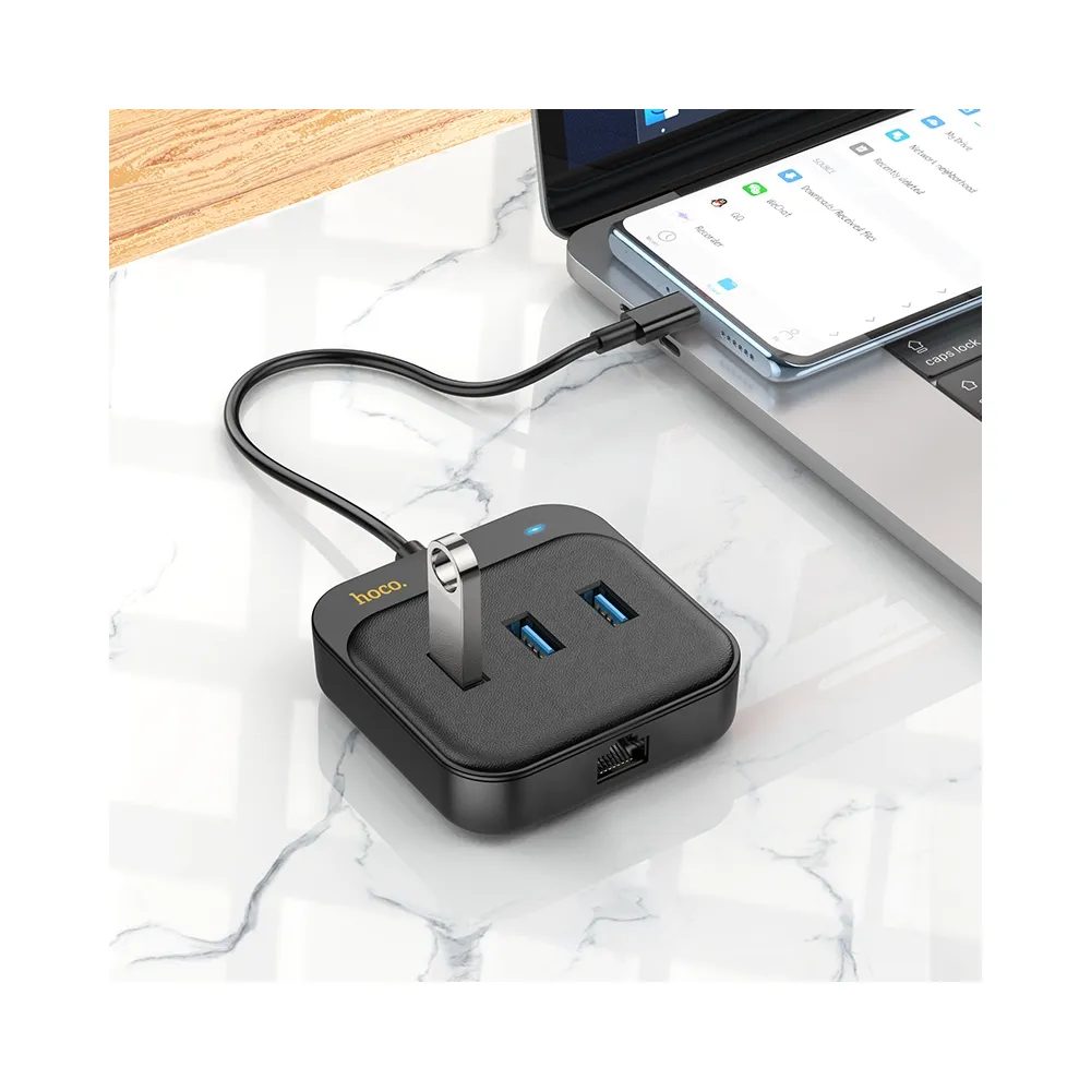 Hoco Adaptér HUB 4v1 USB-C Na 3x USB3.0 + RJ45, Gigabit Ethernet, 0,2 M, čierny (HB35)