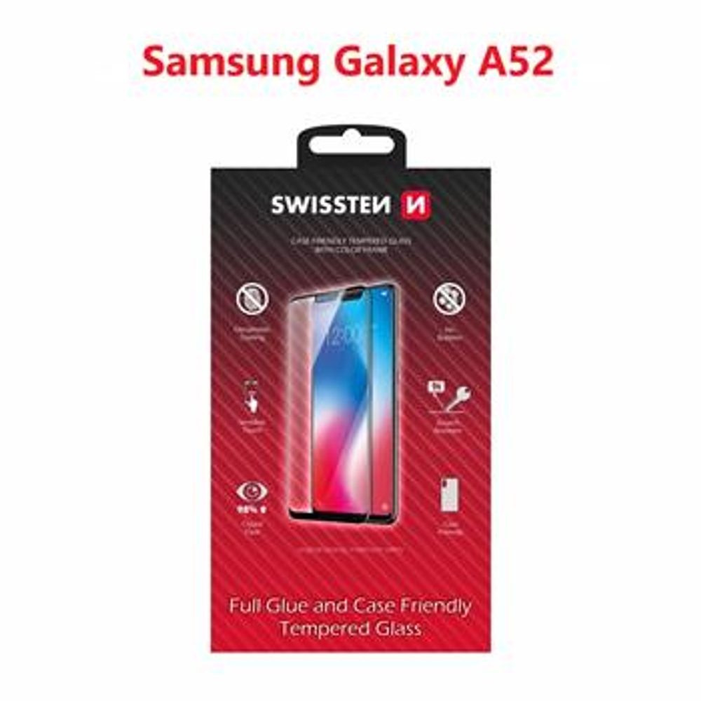 Swissten Full Glue, Color Frame, Case Friendly, Védő Edzett üveg, Samsung Galaxy A52, Fekete