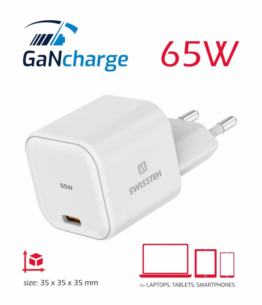 Swissten sieťový adaptér GaN 1x USB-C 65W, Power Delivery, biely