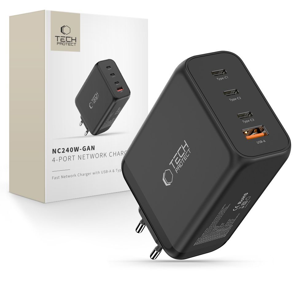 Levně Tech-Protect 4portová nabíječka, PD 240W / QC3.0, černá