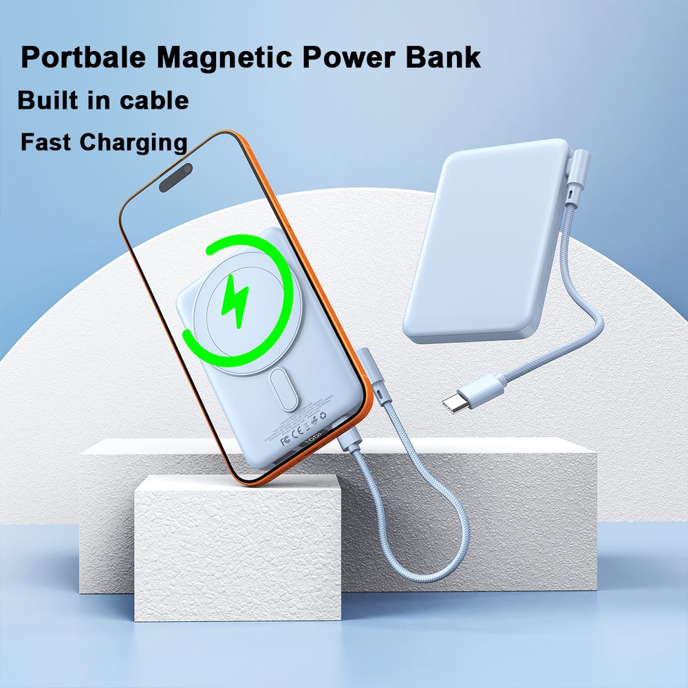 Ultra tenká MagSafe powerbanka s bezdrôtovým nabíjaním 20W, LED displej, 5000 mAh, oranžová