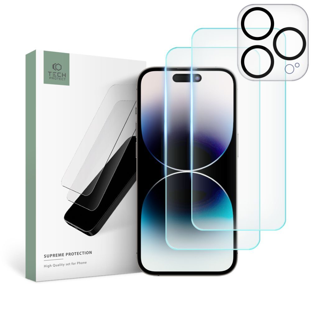 Komplet Tech-Protect Supreme, 2 Kaljena Stekla + Steklo Za Objektiv Kamere, IPhone 15 Pro Max