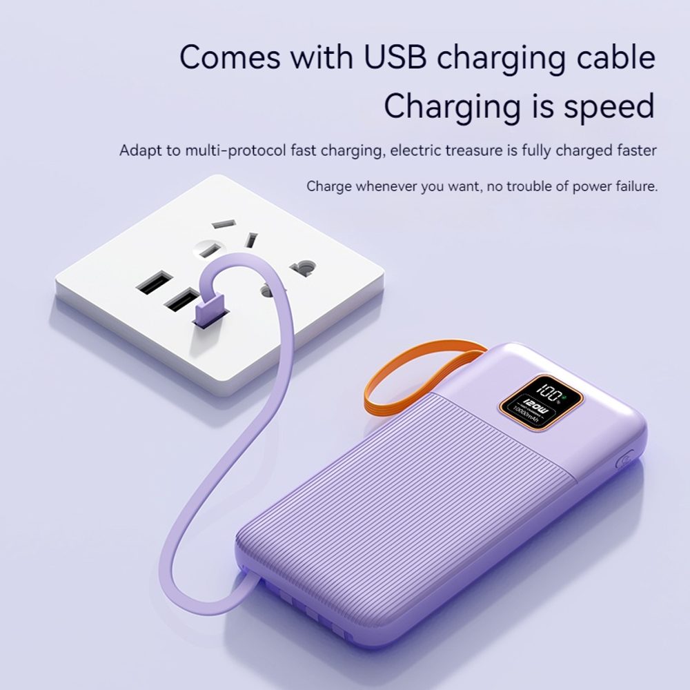 Powerbanka 20000mAh so 4 vstavanými káblami, 2x USB-A, 1x USB-C, PD 22,5 W, QC 3.0, LED displej, modrá