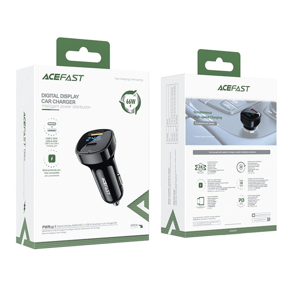 Acefast Autós Töltő 66W USB-C / USB, PPS, Power Delivery, Quick Charge 4.0, AFC, FCP, Fekete (B4 Fekete)